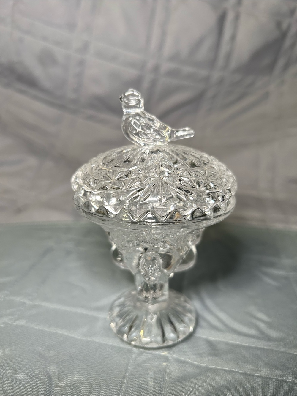Vintage Clear Glass Crystal Lidded Bird Trinket Dish-4in. Tall